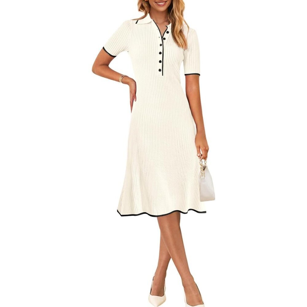 Women's Ribbed Knit V Neck Bodycon Midi Dress Short Sleeve Summer Chic